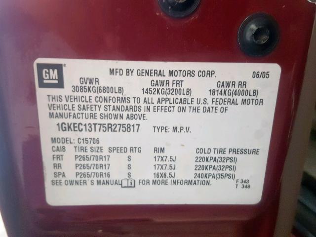 1GKEC13T75R275817 - 2005 GMC YUKON RED photo 10