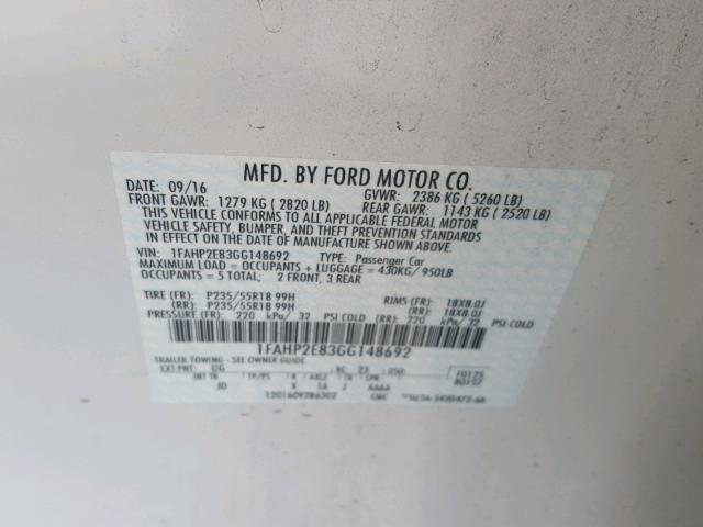 1FAHP2E83GG148692 - 2016 FORD TAURUS SEL WHITE photo 10