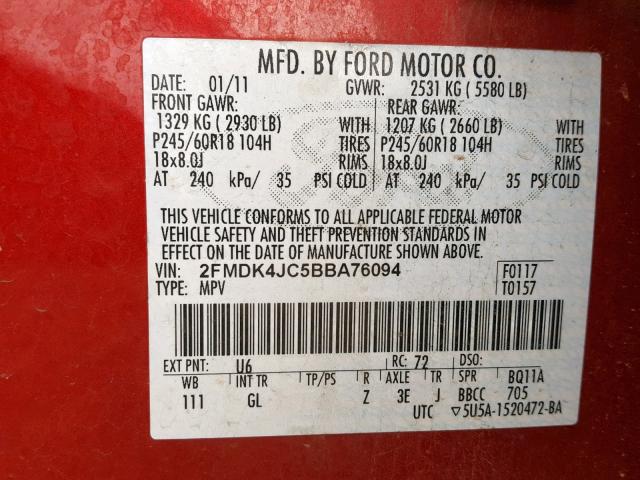 2FMDK4JC5BBA76094 - 2011 FORD EDGE SEL RED photo 10