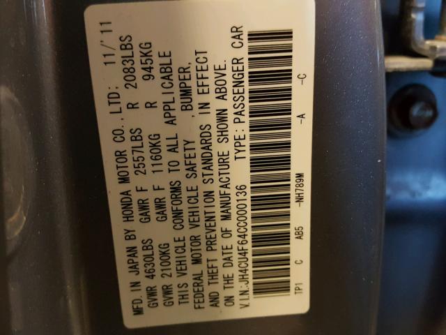 JH4CU4F64CC000136 - 2012 ACURA TSX TECH GRAY photo 10