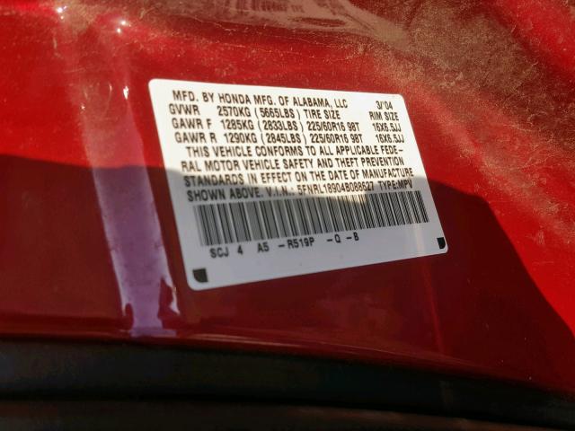 5FNRL18904B088627 - 2004 HONDA ODYSSEY EX RED photo 10