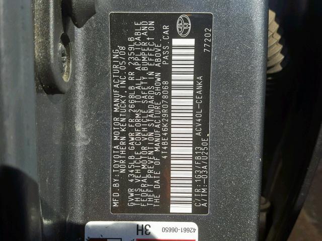 4T4BE46K29R078068 - 2009 TOYOTA CAMRY BASE GRAY photo 10