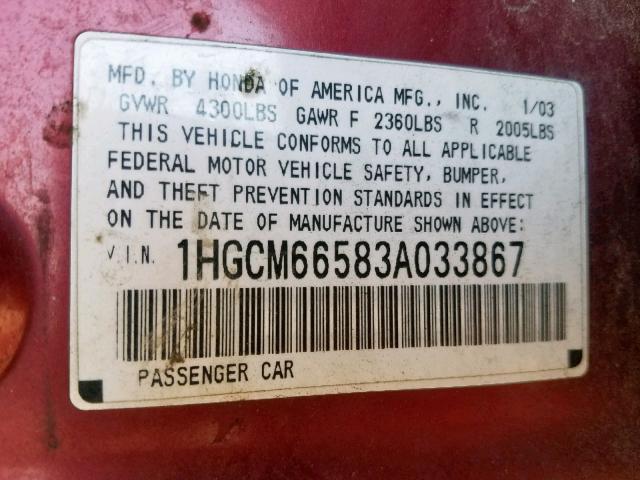 1HGCM66583A033867 - 2003 HONDA ACCORD RED photo 10