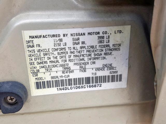 1N4DL01D6XC166872 - 1999 NISSAN ALTIMA XE TAN photo 10