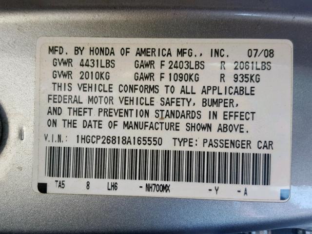 1HGCP26818A165550 - 2008 HONDA ACCORD EXL SILVER photo 10