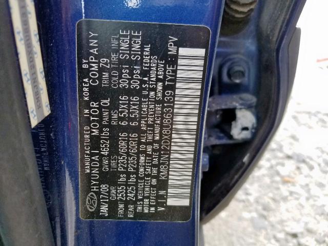 KM8JN12DX8U863139 - 2008 HYUNDAI TUCSON SE BLUE photo 10