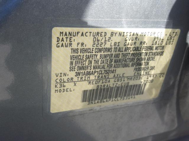 3N1AB6AP1CL753141 - 2012 NISSAN SENTRA 2.0 GRAY photo 10