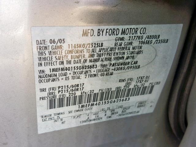 1MEFM40155G625683 - 2005 MERCURY MONTEGO LU SILVER photo 10