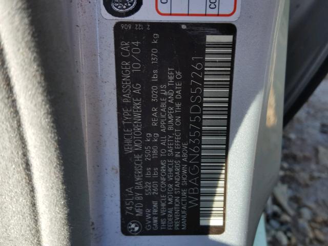 WBAGN63575DS57261 - 2005 BMW 745 LI GRAY photo 10