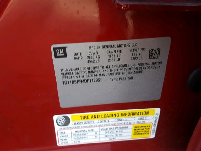 1G11D5RR4DF112951 - 2013 CHEVROLET MALIBU 1LT RED photo 10