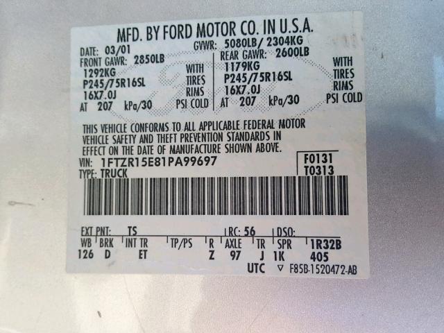 1FTZR15E81PA99697 - 2001 FORD RANGER SUP SILVER photo 10