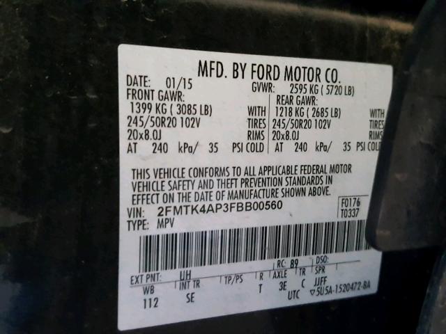 2FMTK4AP3FBB00560 - 2015 FORD EDGE SPORT BLACK photo 10