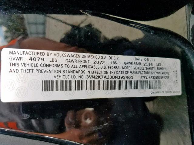 3VW2K7AJ3BM393461 - 2011 VOLKSWAGEN JETTA BASE 黑色 照片 10