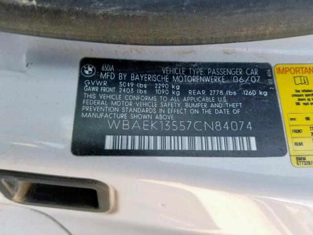 WBAEK13557CN84074 - 2007 BMW 650 I WHITE photo 10