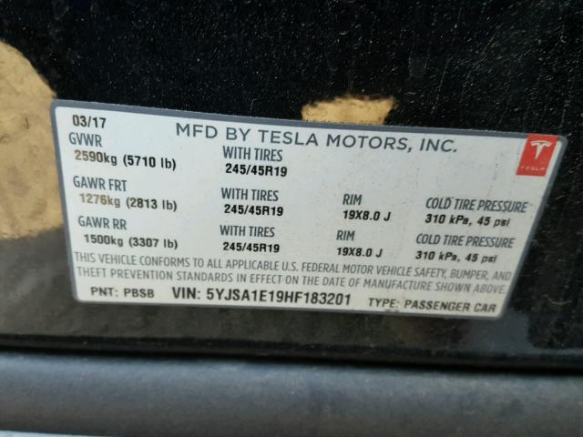 5YJSA1E19HF183201 - 2017 TESLA MODEL S Սև լուսանկար 10