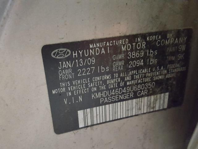 KMHDU46D49U680350 - 2009 HYUNDAI ELANTRA GL GOLD photo 10