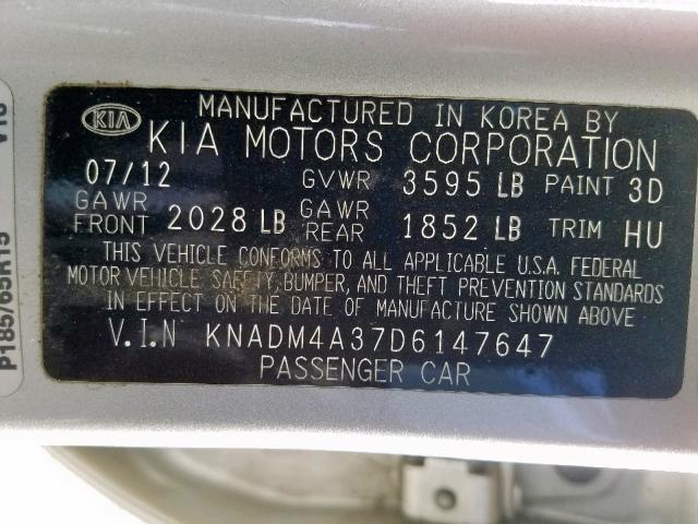 KNADM4A37D6147647 - 2013 KIA RIO LX SILVER photo 10