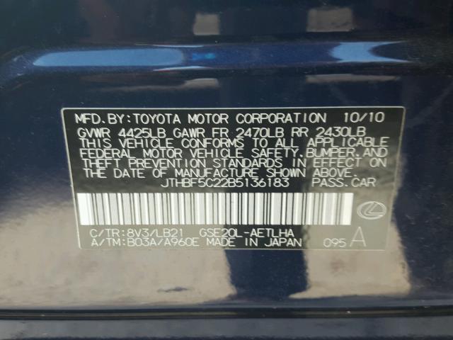 JTHBF5C22B5136183 - 2011 LEXUS IS 250 BLUE photo 10