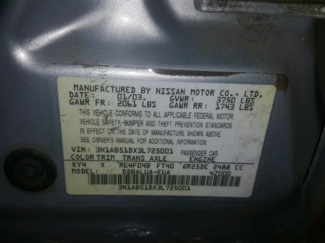 3N1AB51DX3L725001 - 2003 NISSAN SENTRA SE- GRAY photo 10