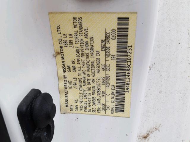 1N4BL24E88C107251 - 2008 NISSAN ALTIMA 3.5 WHITE photo 10