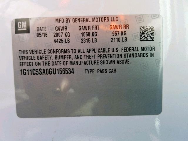 1G11C5SA0GU156534 - 2016 CHEVROLET MALIBU LIM 白色 照片 10