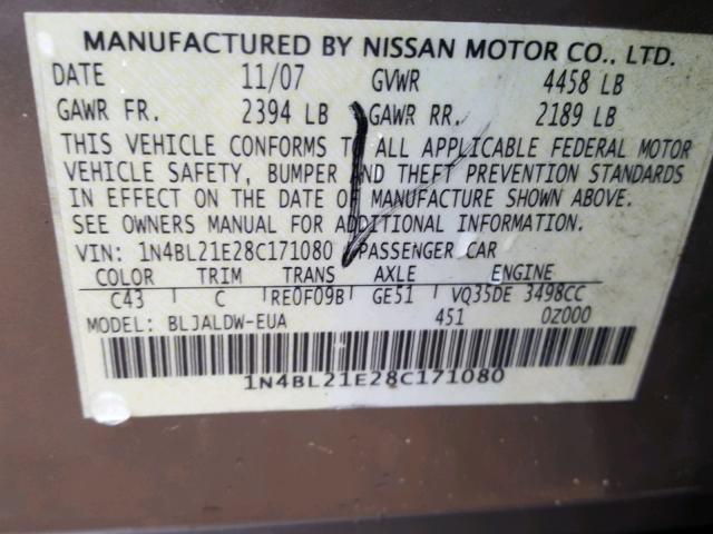 1N4BL21E28C171080 - 2008 NISSAN ALTIMA 3.5 TAN photo 10