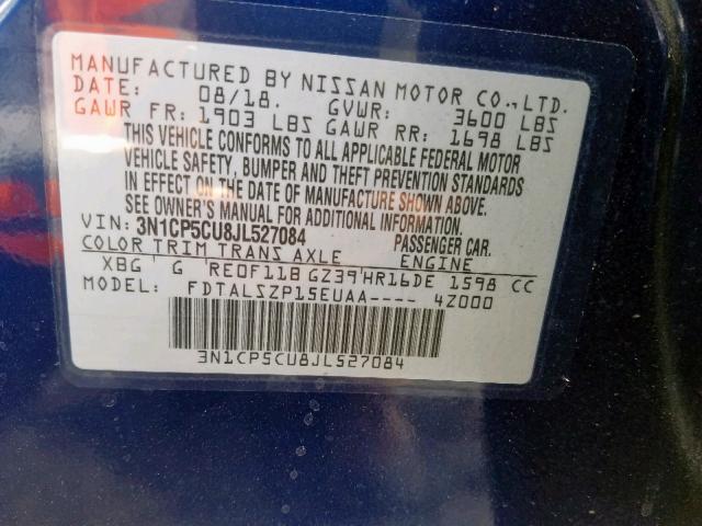 3N1CP5CU8JL527084 - 2018 NISSAN KICKS S BLUE photo 10