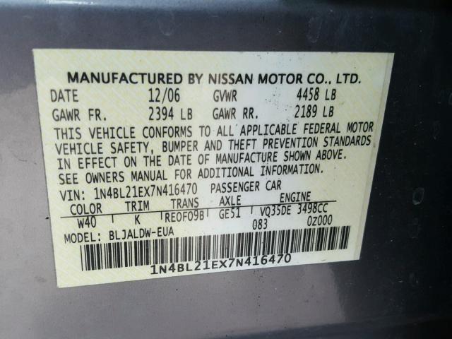 1N4BL21EX7N416470 - 2007 NISSAN ALTIMA 3.5 GRAY photo 10