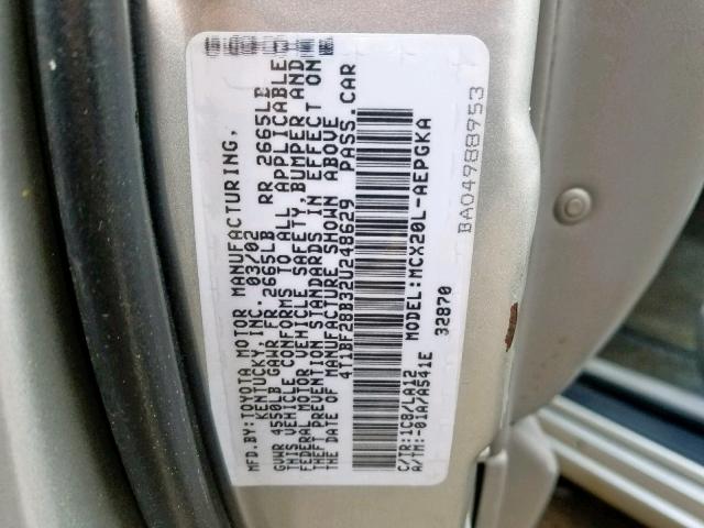 4T1BF28B32U248629 - 2002 TOYOTA AVALON XL SILVER photo 10