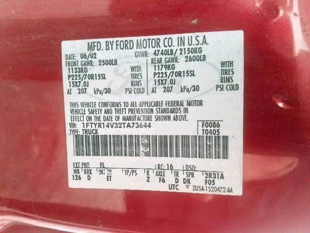 1FTYR14V32TA73644 - 2002 FORD RANGER SUP RED photo 10