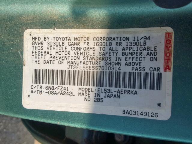 JT2EL56E5S7010314 - 1995 TOYOTA TERCEL DX GREEN photo 10