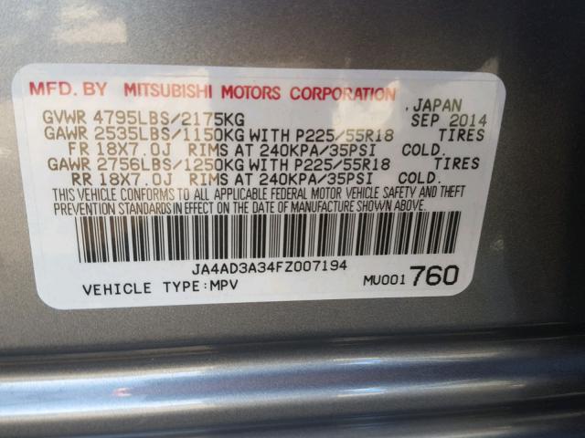 JA4AD3A34FZ007194 - 2015 MITSUBISHI OUTLANDER GRAY photo 10