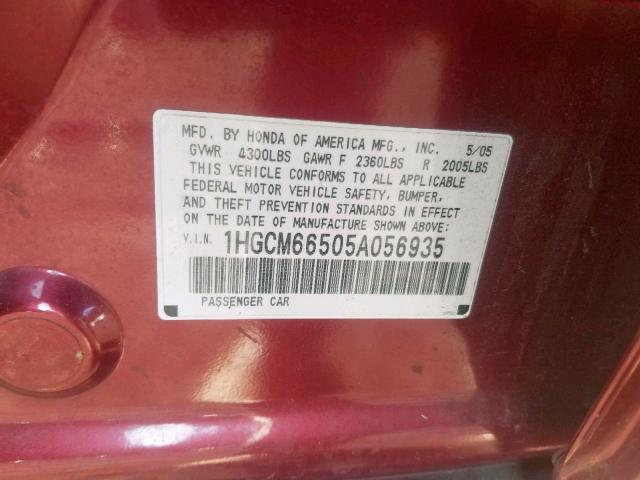 1HGCM66505A056935 - 2005 HONDA ACCORD EX BURGUNDY photo 10