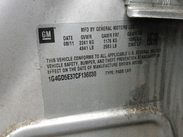 1G4GD5E37CF136030 - 2012 BUICK LACROSSE P SILVER photo 10