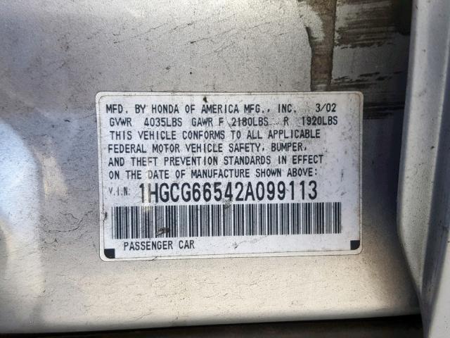 1HGCG66542A099113 - 2002 HONDA ACCORD LX SILVER photo 10