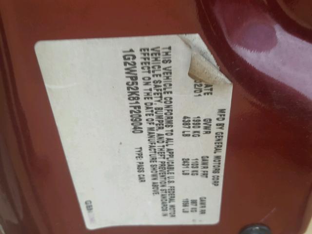 1G2WP52K81F209040 - 2001 PONTIAC GRAND PRIX BURGUNDY photo 10