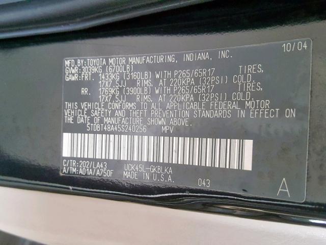 5TDBT48A45S240256 - 2005 TOYOTA SEQUOIA LI BLACK photo 10