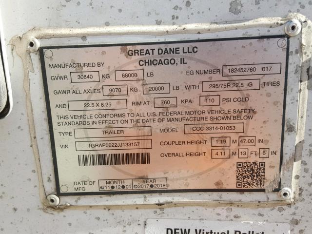 1GRAP0622JJ133157 - 2018 GREAT DANE TRAILER SEMI TRAIL WHITE photo 10