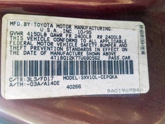 4T1BG12K7TU680562 - 1996 TOYOTA CAMRY DX RED photo 10