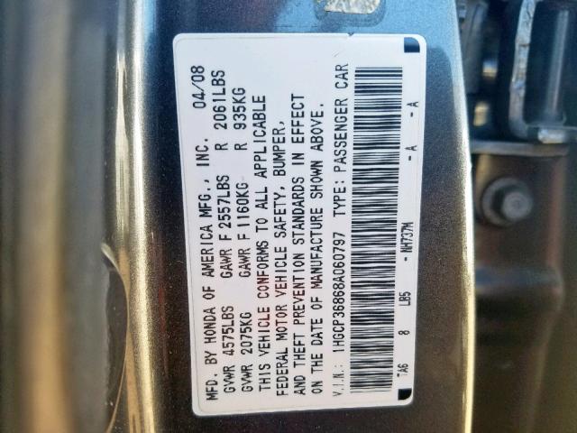 1HGCP36868A060797 - 2008 HONDA ACCORD EXL GRAY photo 10