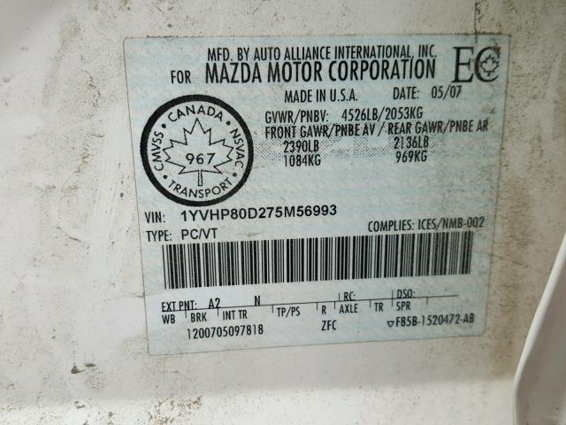 1YVHP80D275M56993 - 2007 MAZDA 6 S WHITE photo 10