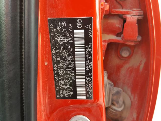 JTDKDTB35G1590576 - 2016 TOYOTA PRIUS C RED photo 10