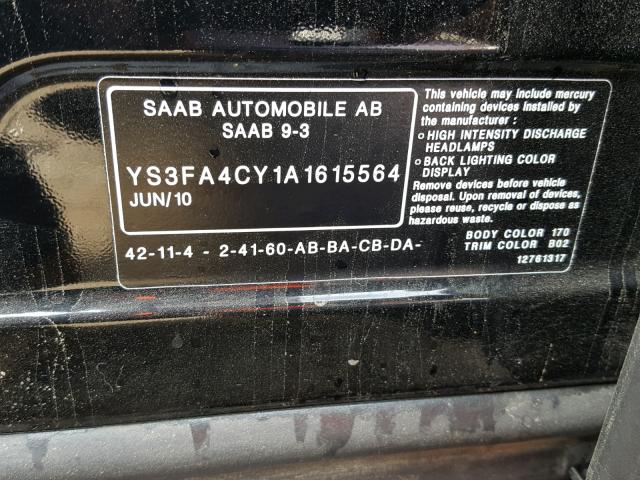 YS3FA4CY1A1615564 - 2010 SAAB 9-3 2.0T BLACK photo 10