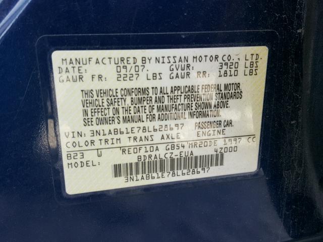 3N1AB61E78L628697 - 2008 NISSAN SENTRA 2.0 BLUE photo 10