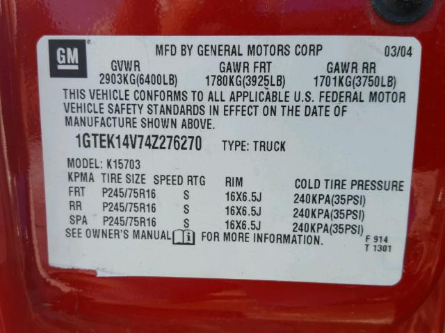 1GTEK14V74Z276270 - 2004 GMC NEW SIERRA RED photo 10