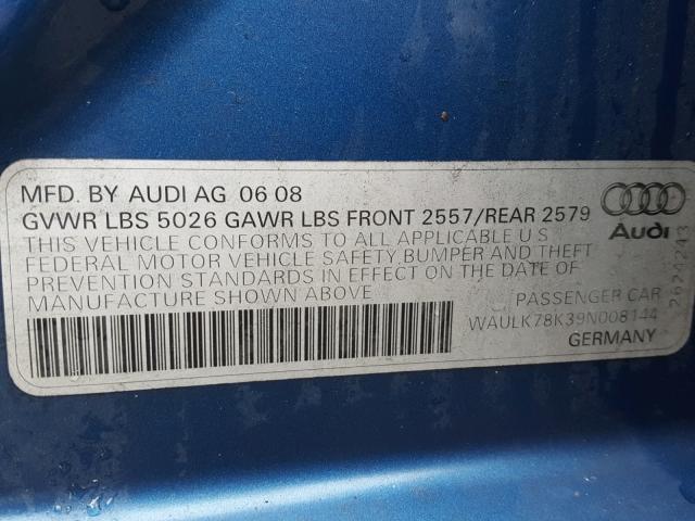 WAULK78K39N008144 - 2009 AUDI A4 3.2 QUA BLUE photo 10