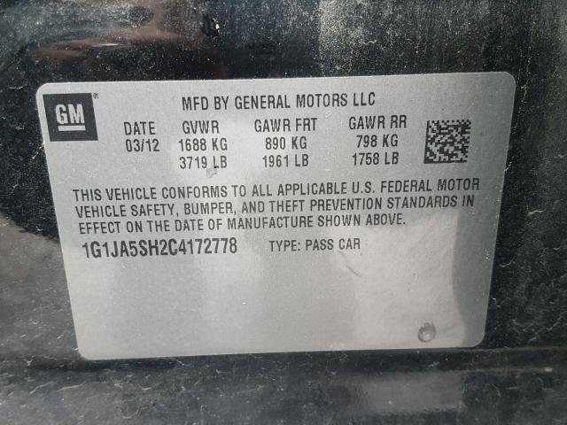 1G1JA5SH2C4172778 - 2012 CHEVROLET SONIC LS BLACK photo 10