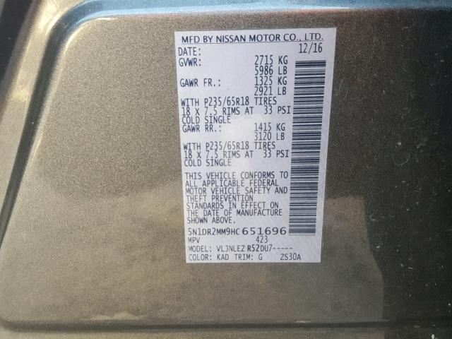5N1DR2MM9HC651696 - 2017 NISSAN PATHFINDER GRAY photo 10
