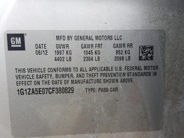 1G1ZA5E07CF380829 - 2012 CHEVROLET MALIBU LS 银色 照片 10