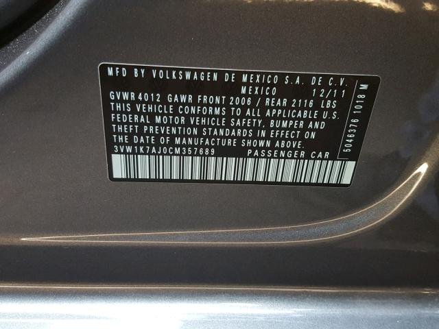 3VW1K7AJ0CM357689 - 2012 VOLKSWAGEN JETTA BASE CHARCOAL photo 10